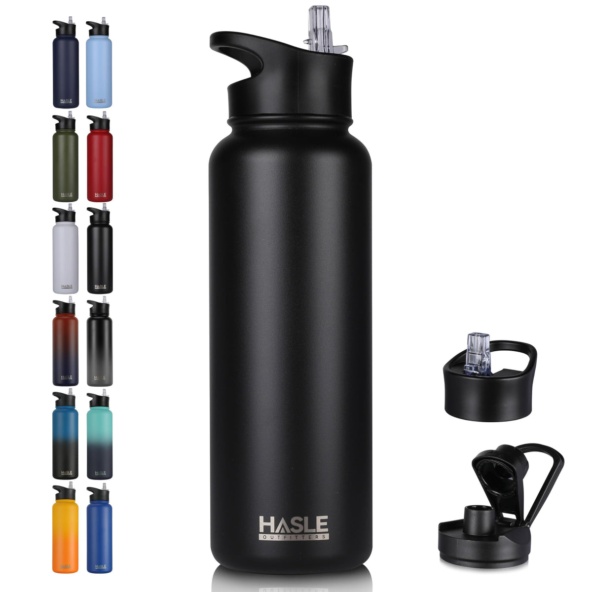 HASLE OUTFITTERS 32 oz Insulated Water Bottle Stainless Steel Double Walled Vacuum Sports Water Bottle with 2 Lids (Straw and Spout Lid) for Gym Camping Hiking(Black,1)