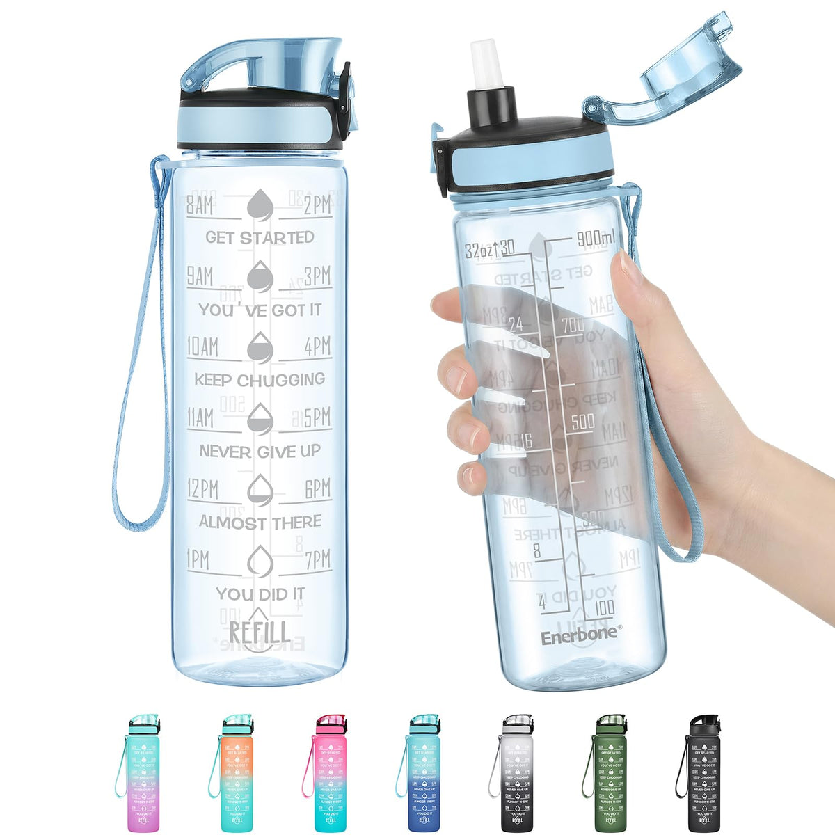 Enerbone Water Bottle, Leakproof BPA & Toxic Free, Motivational Water Bottle with Times to Drink and Straw, Fitness Sports Water Bottle with Strap for Office, Gym, Outdoor Sports