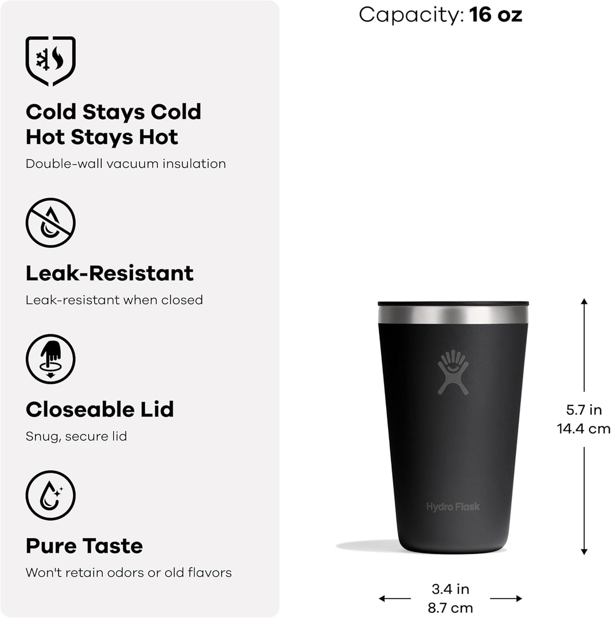 Hydro Flask All Around Tumbler Press-In Lid, Insulated Travel Mug, Stainless Steel Coffee Cup 16 Oz Cloud Pink