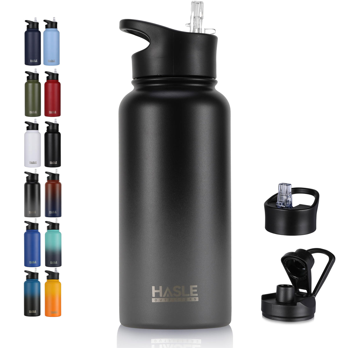 HASLE OUTFITTERS 32 oz Insulated Water Bottle Stainless Steel Double Walled Vacuum Sports Water Bottle with 2 Lids (Straw and Spout Lid) for Gym Camping Hiking(Black,1)