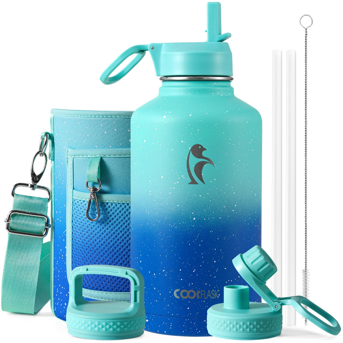 Coolflask Half Gallon Water Bottle Insulated with Straw & 3 Leakproof Lids