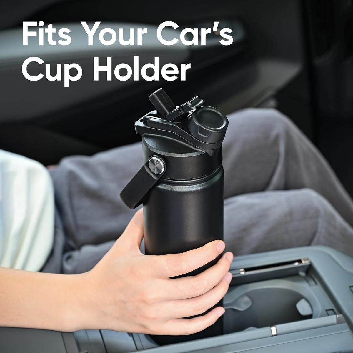 24 oz Insulated Water Bottle, 2-in-1 Lid, Straw & Spout with Protected, Leak Proof, Keep Cold 24H, Cup Holder Fit, Stainless Steel, Metal, Reusable, for Travel, Gym and School, 2 Lids, Midnight Black