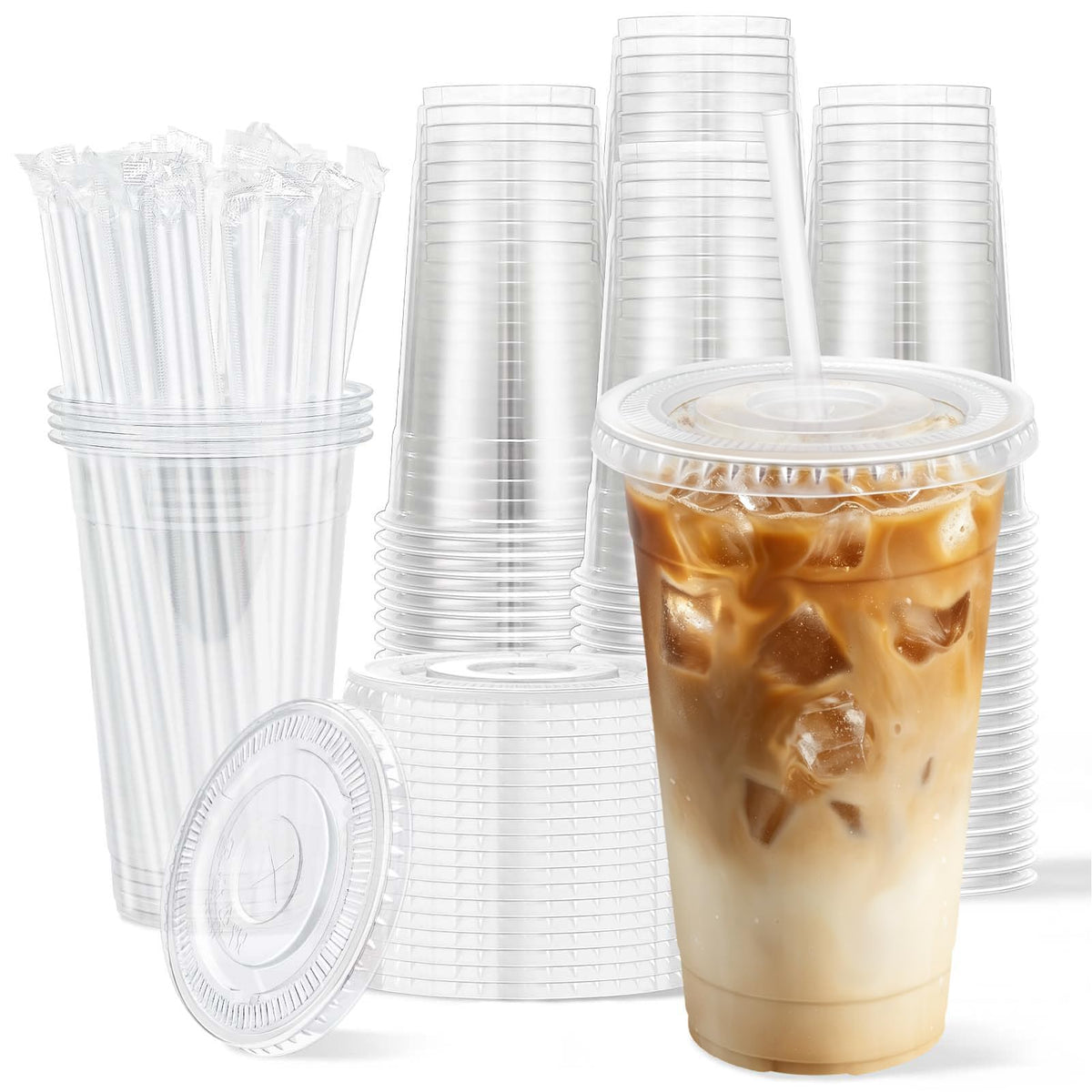 Clawsoff 100 Pack 20 oz Disposable Clear Plastic Cups with Lids and Straws