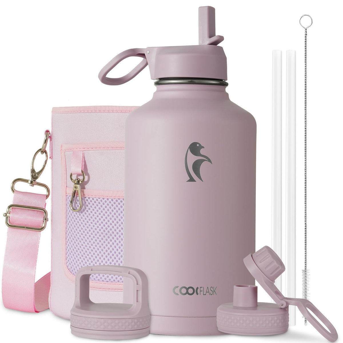 Coolflask 40 oz Water Bottle Insulated with Straw & 3 Leakproof Lids