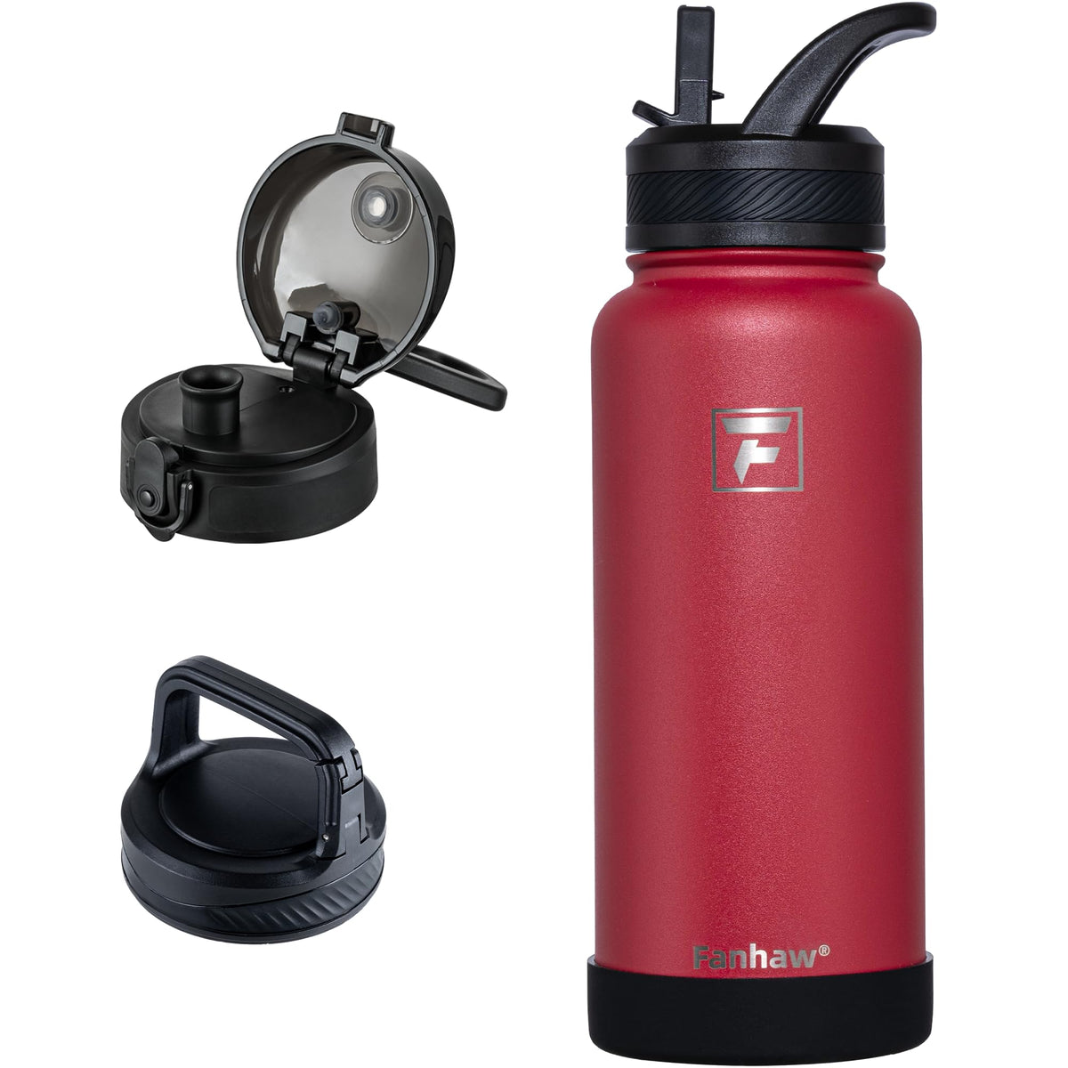 Fanhaw 32 oz Insulated Water Bottle – Portable Stainless Steel Flask with 3 Lids (Straw, Chug, Carabiner) | Leakproof, for Gym, Hiking, Work, Travel & Everyday Use (Black)