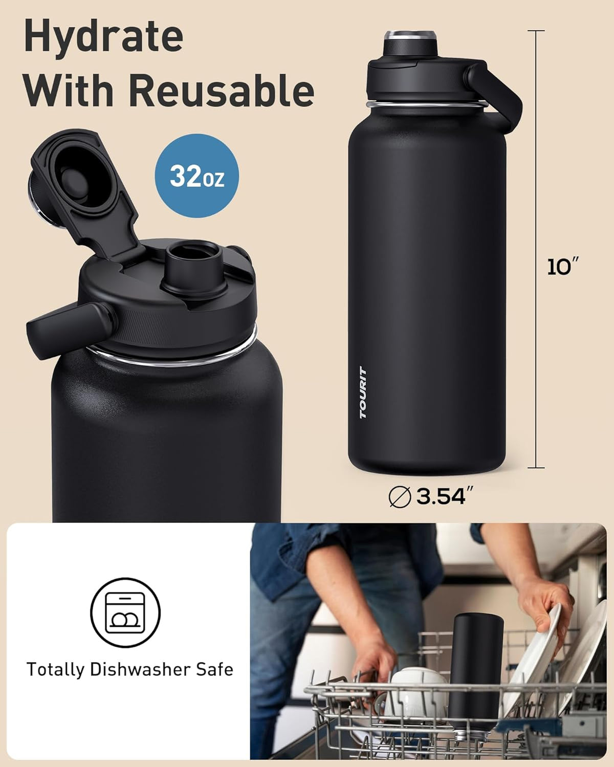 TOURIT 24 oz Insulated Stainless Steel Water Bottle, Obsidian