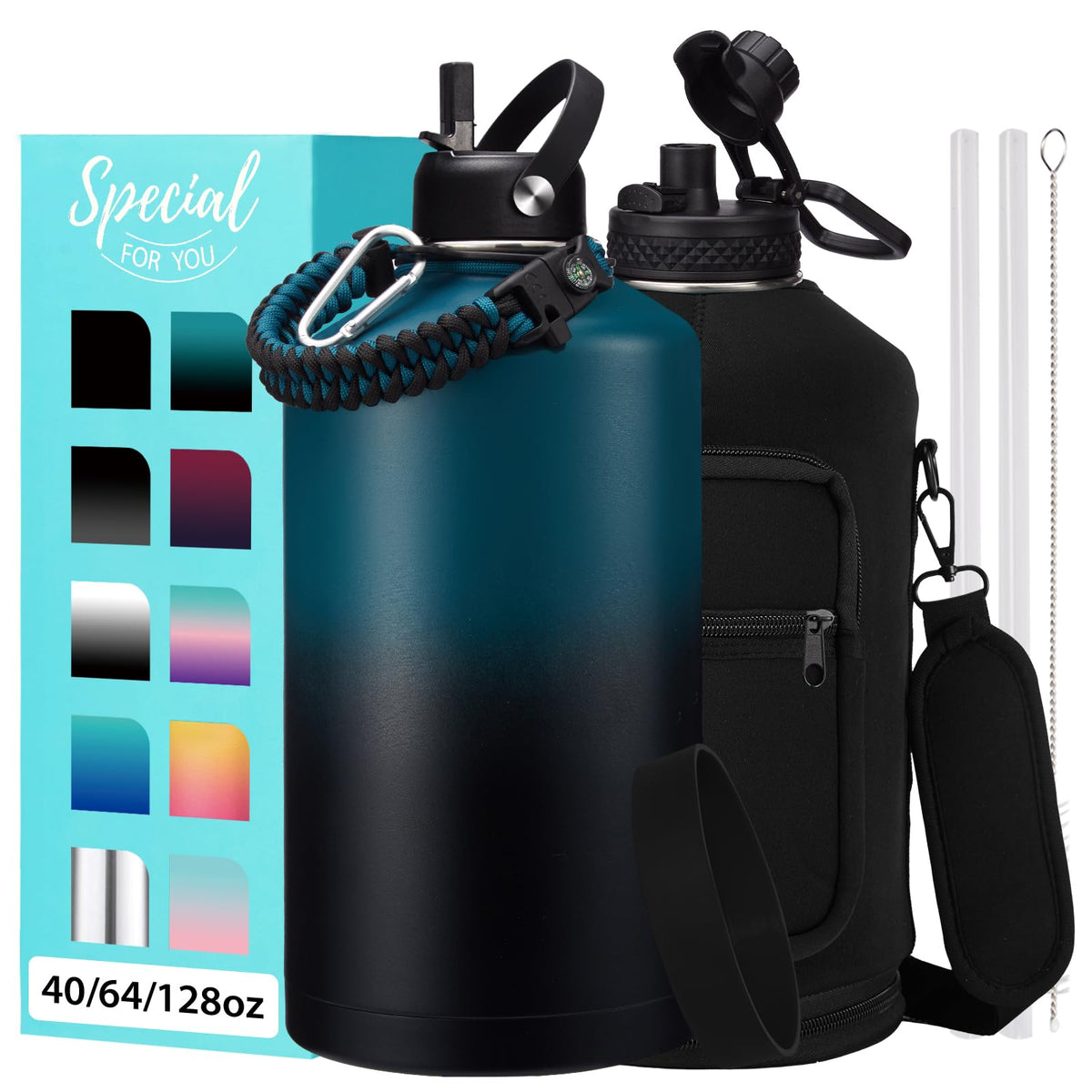 32/40/64OZ Insulated Water Bottle - Keep Cold 48H Hot 24H, Combo Straw/Spout Lids, Paracord Handle for Gym/Hiking, Carrier Bag +Strap, Cup Mat, BPA-Free Stainless Steel Flask Jug