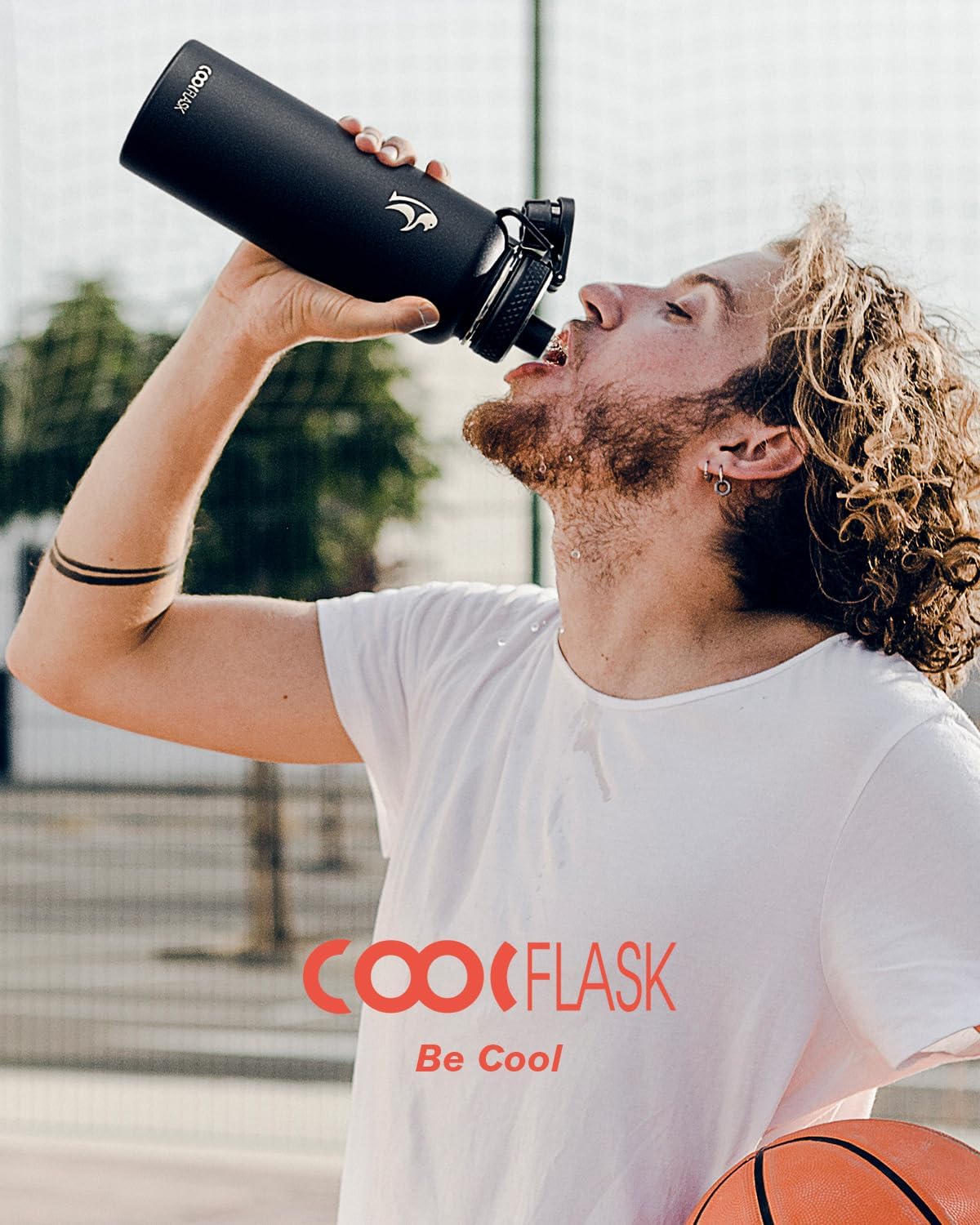 Coolflask 40 oz Water Bottle Insulated with Straw & 3 Leakproof Lids