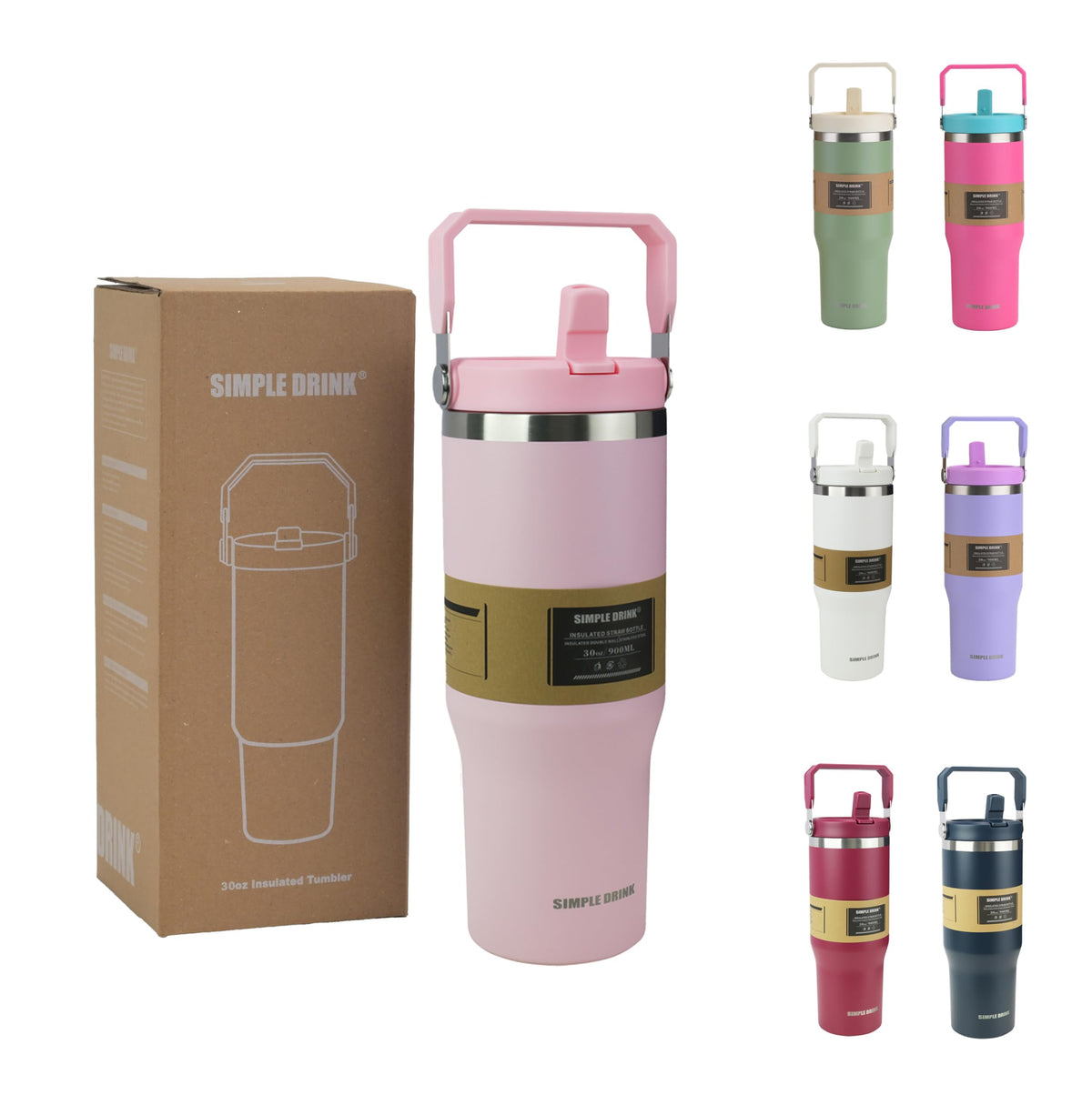 30oz Flip Straw Insulated Water Bottle with Handle, Leak Proof Stainless Steel Travel Tumbler With Lid, Double Wall Vacuum Iced Coffee Travel Mug, Sport Cup, Outside use