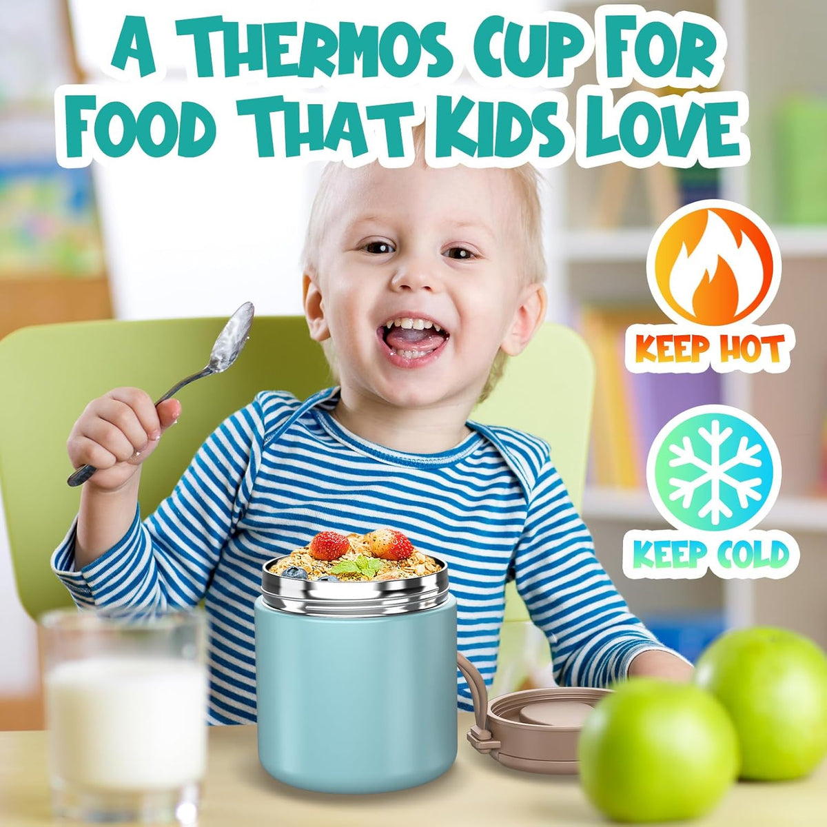 Thermo for Hot Food Kids - 15.2oz with Folding Spoon and Silicone handle