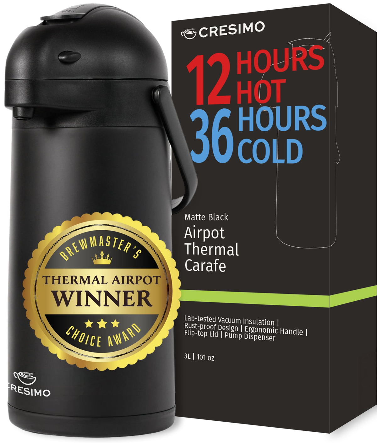 Cresimo Coffee Carafe with Pump 102oz / 3L Airpot Large Hot Water Dispenser