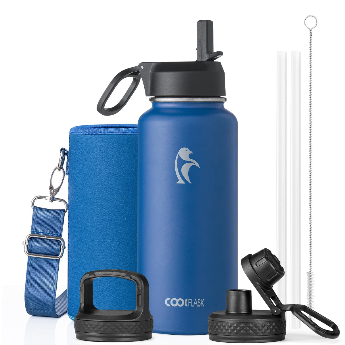 Coolflask 40 oz Water Bottle Insulated with Straw & 3 Leakproof Lids
