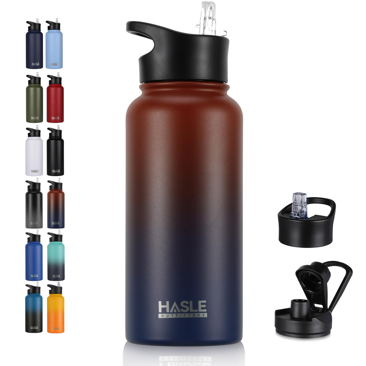 HASLE OUTFITTERS 32 oz Insulated Water Bottle Stainless Steel Double Walled Vacuum Sports Water Bottle with 2 Lids (Straw and Spout Lid) for Gym Camping Hiking(Black,1)