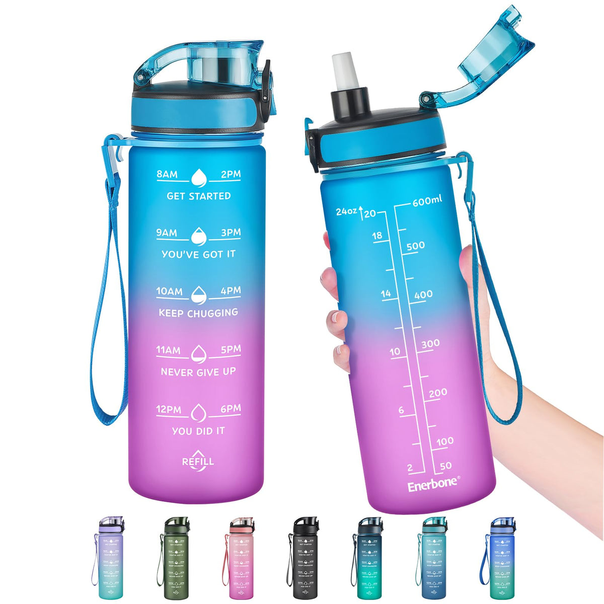 Enerbone Water Bottle, Leakproof BPA & Toxic Free, Motivational Water Bottle with Times to Drink and Straw, Fitness Sports Water Bottle with Strap for Office, Gym, Outdoor Sports