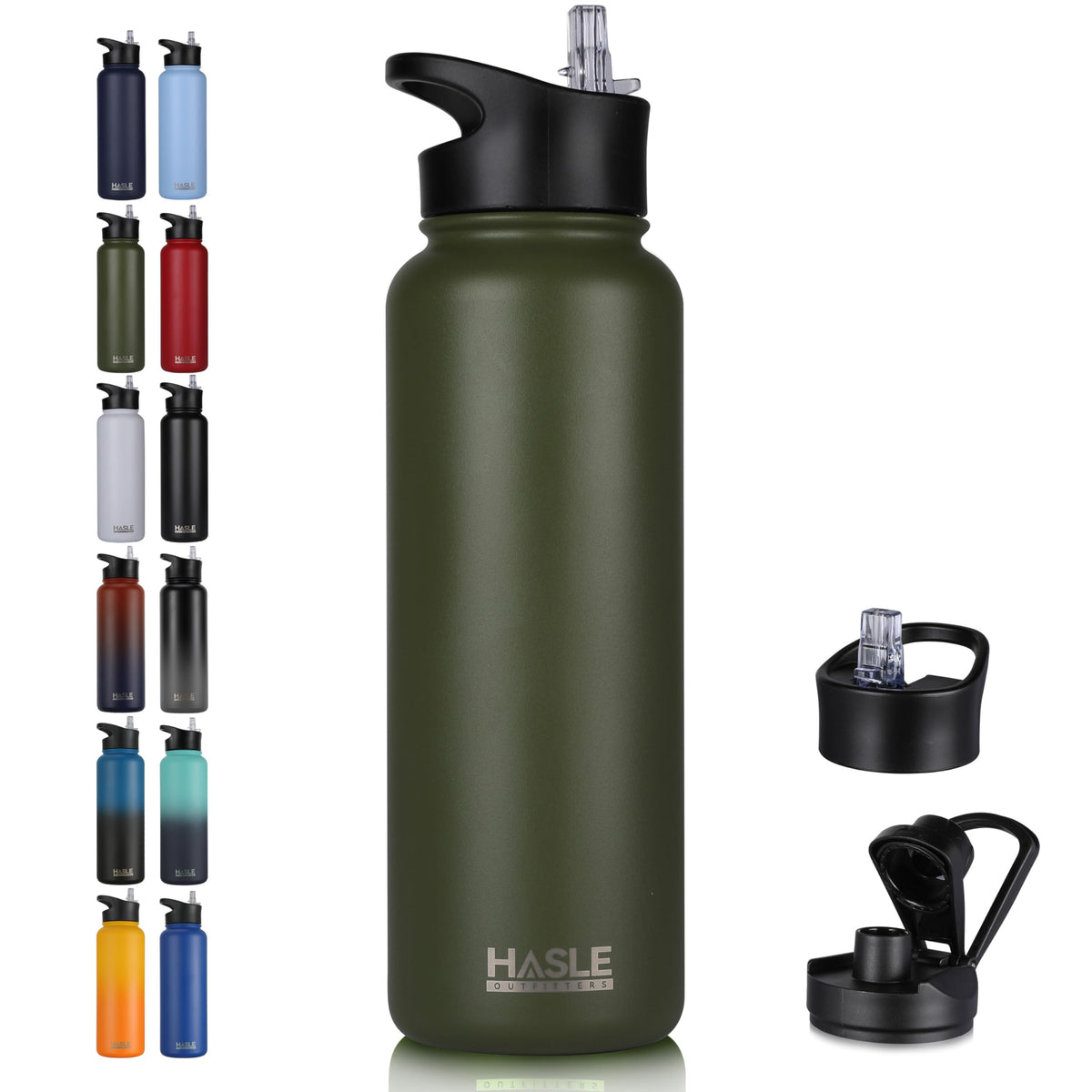 HASLE OUTFITTERS 32 oz Insulated Water Bottle Stainless Steel Double Walled Vacuum Sports Water Bottle with 2 Lids (Straw and Spout Lid) for Gym Camping Hiking(Black,1)