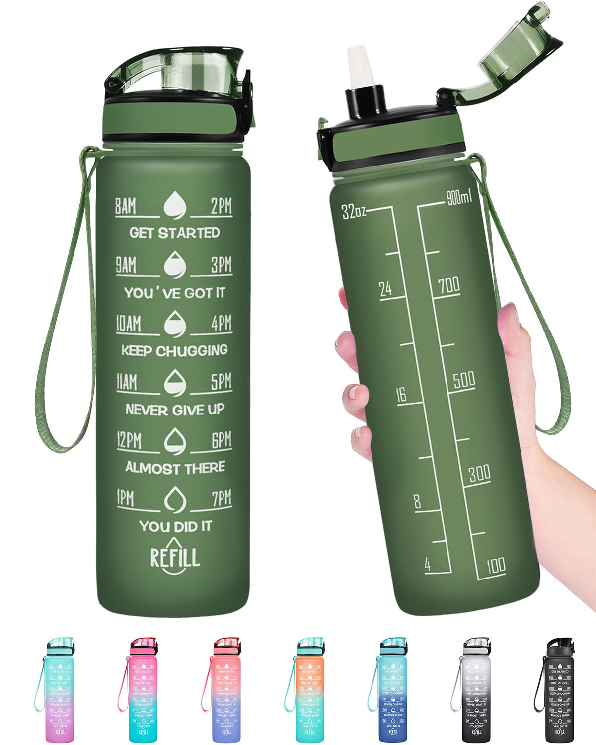 Enerbone Water Bottle, Leakproof BPA & Toxic Free, Motivational Water Bottle with Times to Drink and Straw, Fitness Sports Water Bottle with Strap for Office, Gym, Outdoor Sports