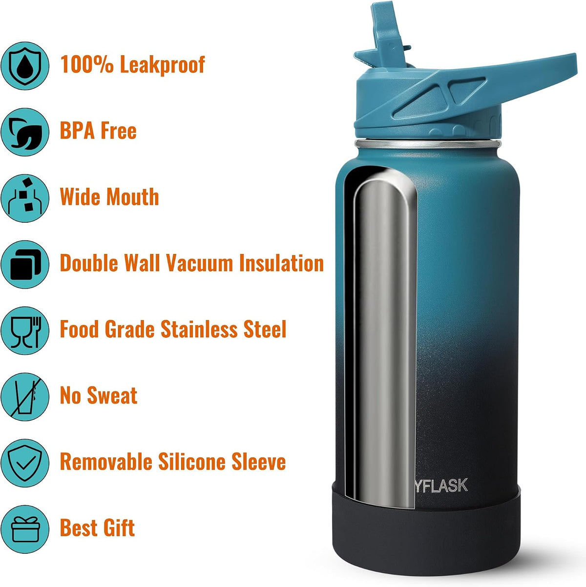RUBYFLASK 32 oz Insulated Stainless Steel Water Bottle with Straw
