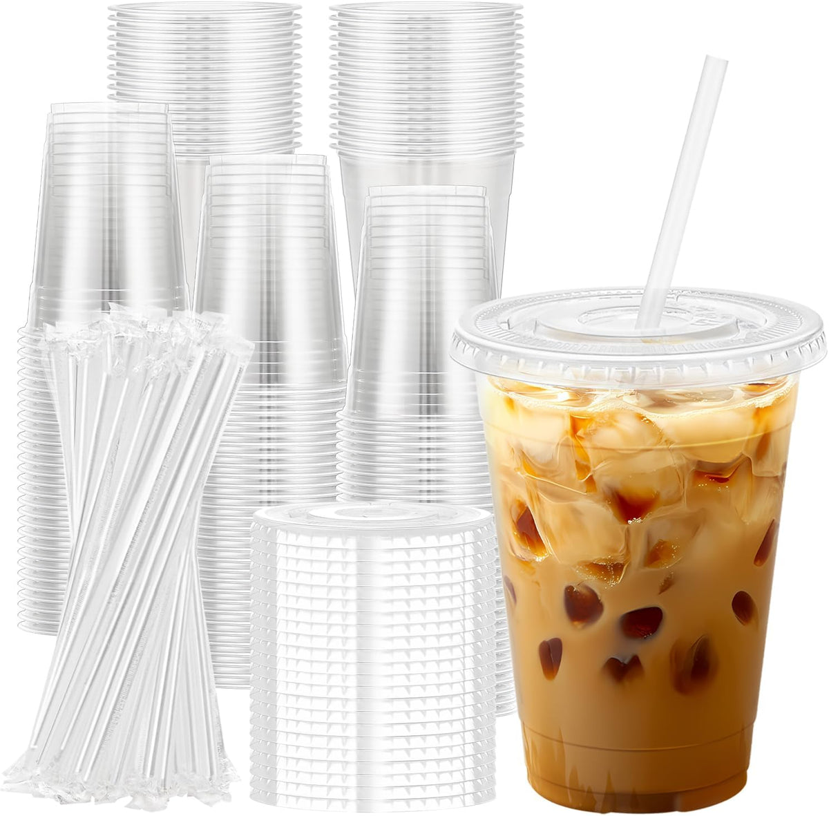 Lamosi 100 Pack 16 oz Clear Plastic Cups with Lids and Straws