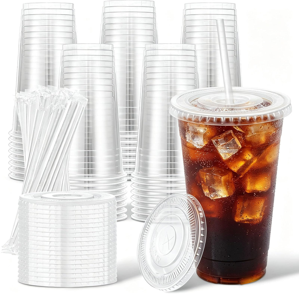 Clawsoff 100 Pack 20 oz Disposable Clear Plastic Cups with Lids and Straws