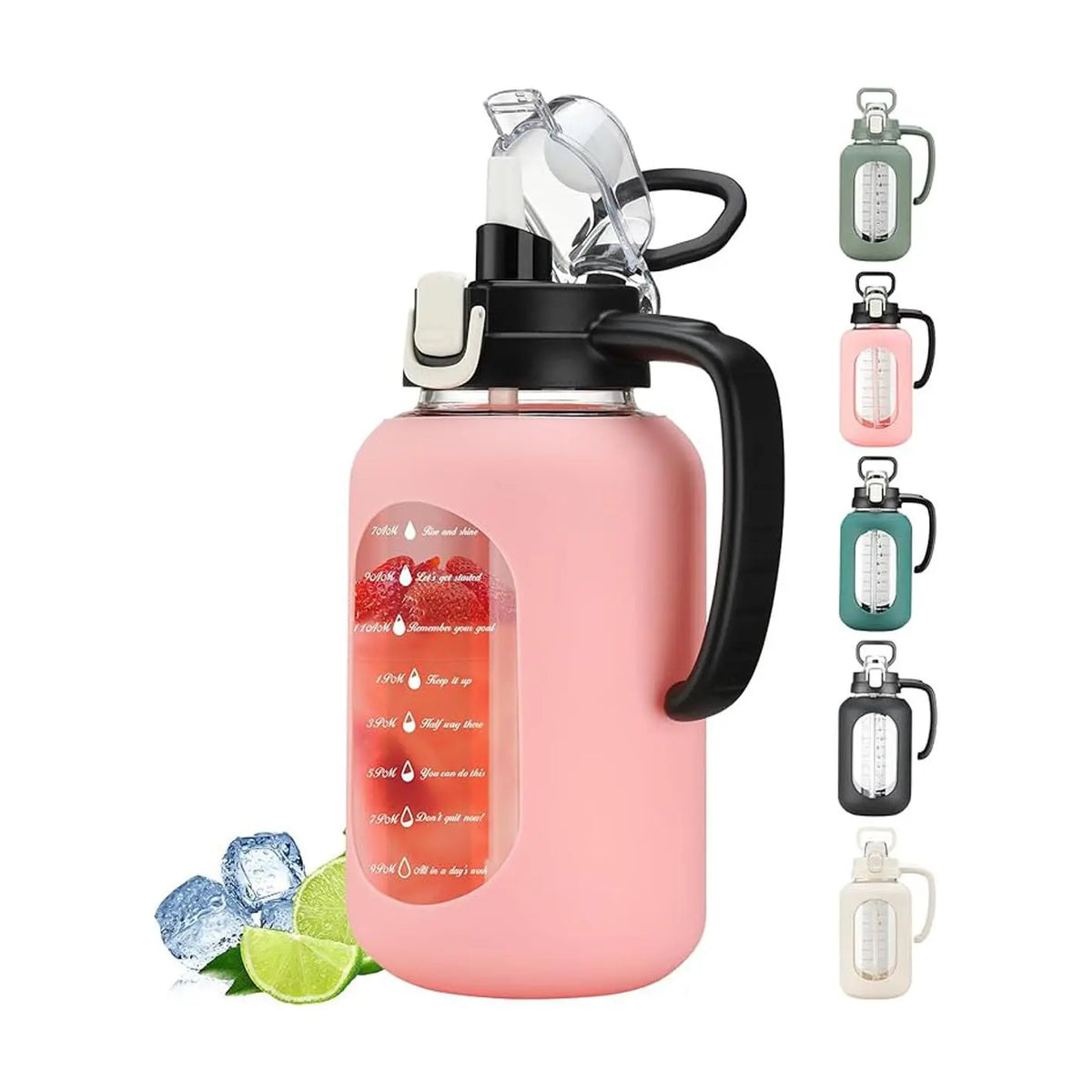 WINSA 64oz Leakproof Glass Water Bottle with Lid, Handle Grip, Time Markers, Silicone Sleeve for Gym Hiking, Coffee, Juice