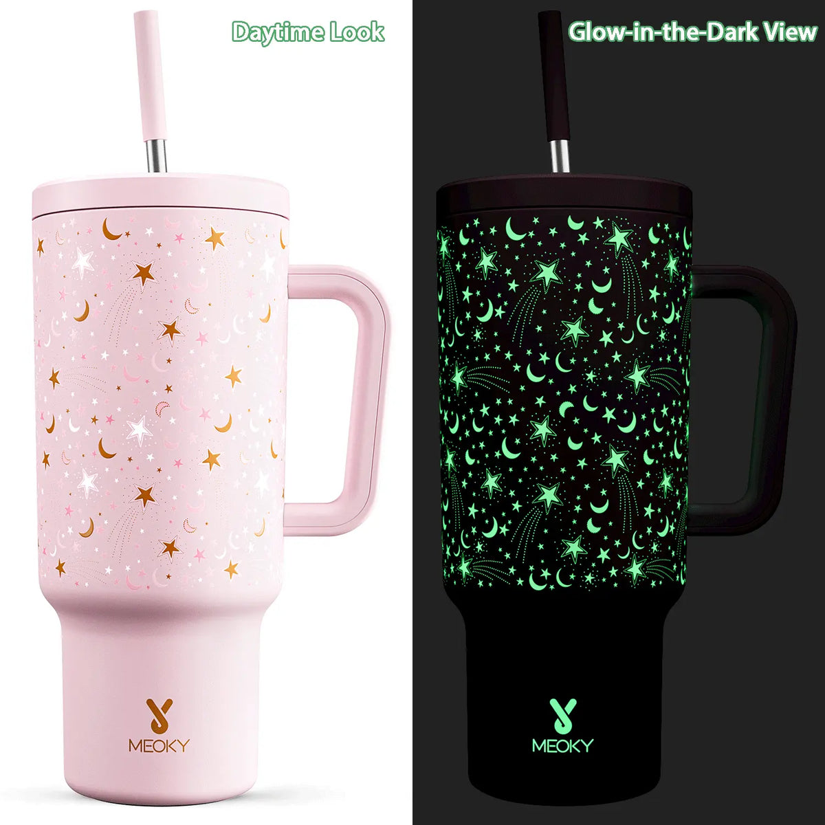 MEOKY 40oz Glow-in-the-Dark Star Print Blush Pink Leakproof Tumbler with Handle - Double Wall Insulated Stainless Steel Vacuum Flask, Non-Slip Base, Car-Friendly BPA-Free, Built-in Straw, Glow Pink Starry, Fun Design #tiktokshopstockup,sohochic