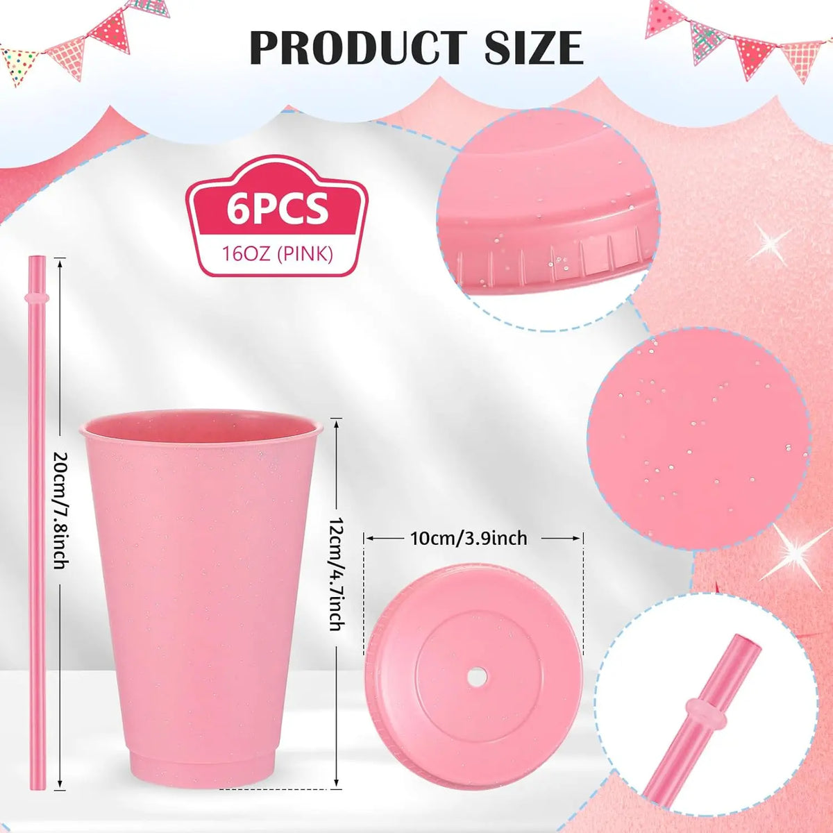 6 count  Tumbler with Lids and Straws Plastic Iced Coffee Tumbler Glitter Travel Mug Cup for Smoothie Juices Birthday Party Cold Drink Coffee Cup Bulk for Adult  Women(16 oz,Pink)