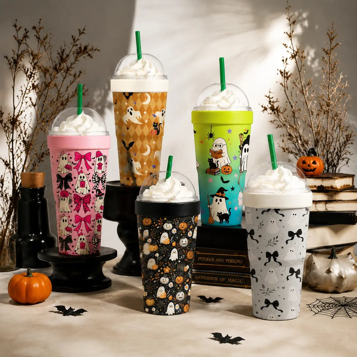 1 PC Halloween Ghost & Black Cat Print 2-in-1 Insulated Can Cooler, Includes Tumbler Lid, Converts to Travel Tumbler, Double Wall Vacuum Stainless Steel Flask, Fits Most 16-24oz To-Go Coffee & Bubble Tea Cups, Perfect for Halloween, Christmas & Daily Use