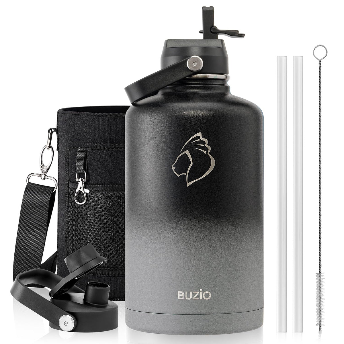 BUZIO 64 oz Insulated Stainless Steel Water Bottle with Dust-proof Lids