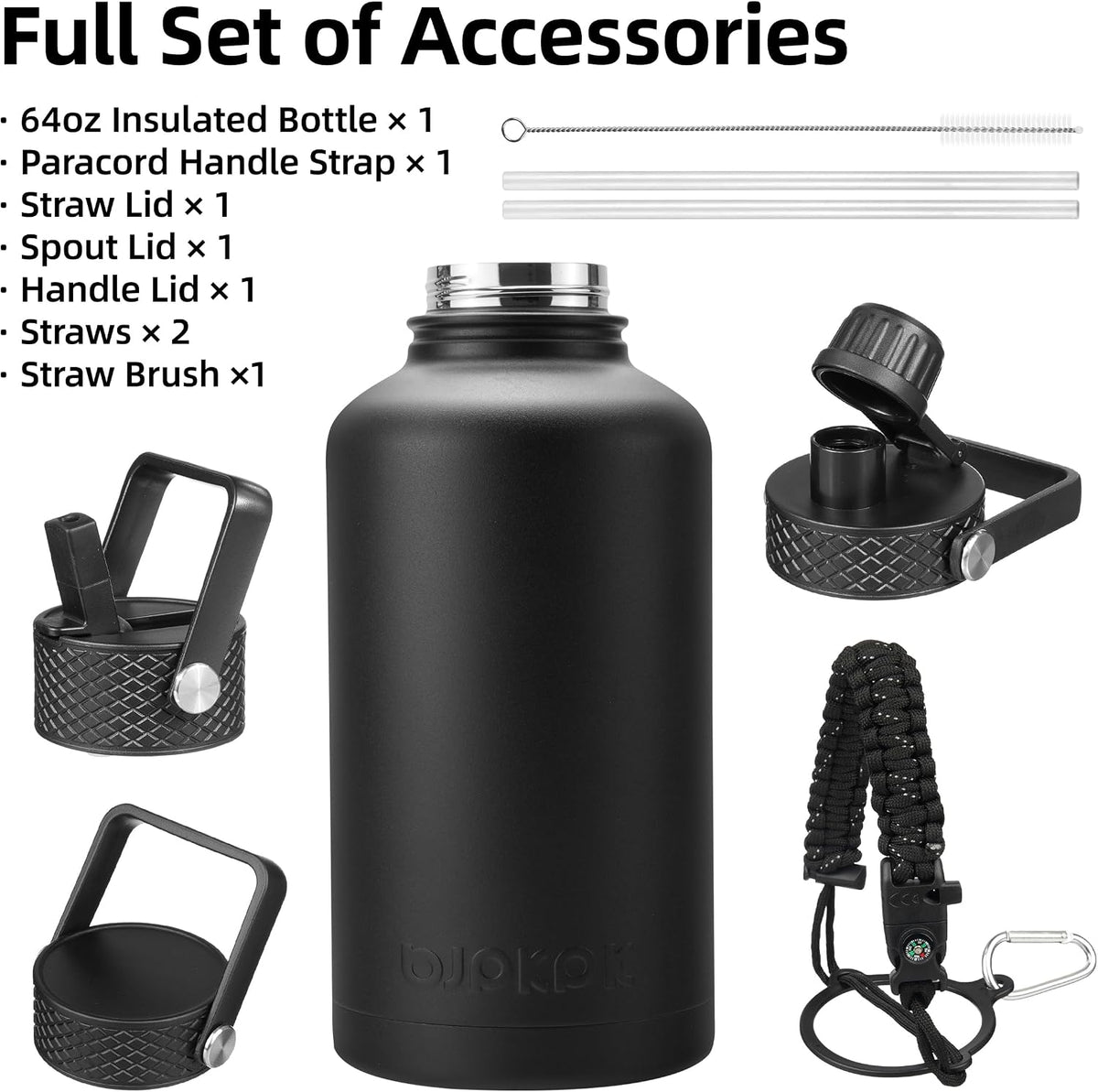 BJPKPK 64oz Insulated Water Bottle, Half Gallon Water Jug with Straw Lid