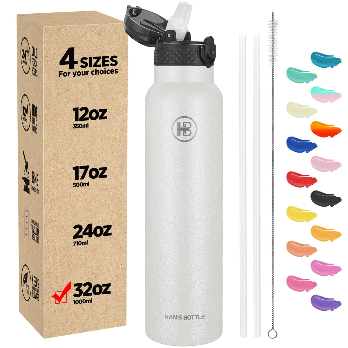 Han's Bottle Sports Water Bottle - 24 Oz, Straw Lid, Leak Proof, Vacuum Insulated Stainless Steel, Double Walled, Thermo Mug,Black
