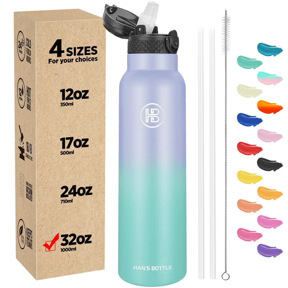 Han's Bottle Sports Water Bottle - 24 Oz, Straw Lid, Leak Proof, Vacuum Insulated Stainless Steel, Double Walled, Thermo Mug,Black