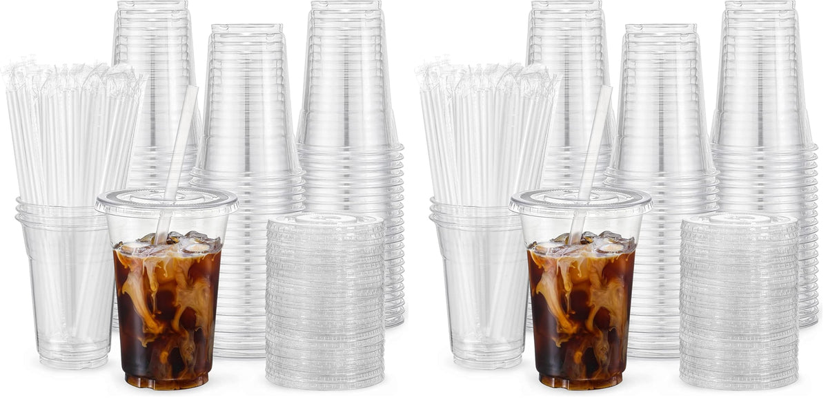 VITEVER [100 Sets - 16oz] Clear Plastic Cups with Lids and Straws, Disposable Iced Coffee Cups for Smoothie, Milkshake, Cold Drinks - BPA free