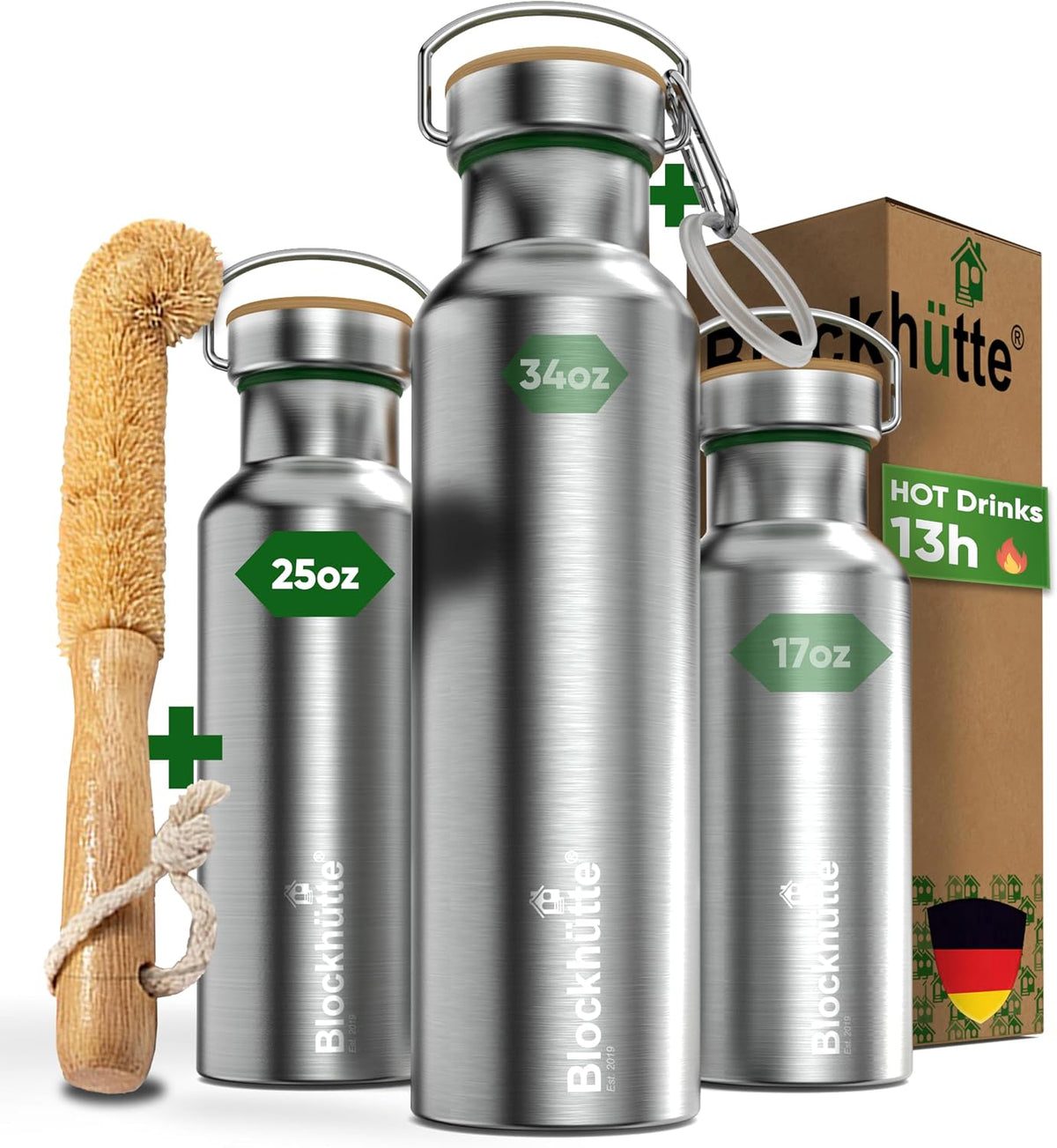 Blockhütte Vacuum Insulated Stainless Steel Water Bottle - 25 oz I Wide Mouth Metal Bottle for hot and cold drinks I BPA-Free I for Travel, School I Kids, Adults, Water Canteen, Sports, flask