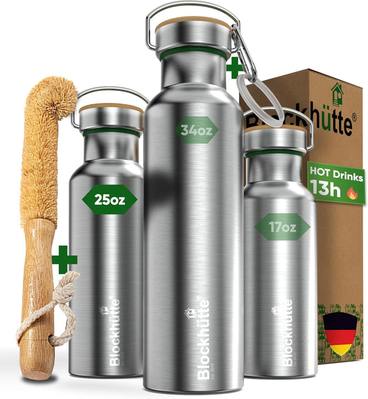 Blockhütte Vacuum Insulated Stainless Steel Water Bottle - 25 oz I Wide Mouth Metal Bottle for hot and cold drinks I BPA-Free I for Travel, School I Kids, Adults, Water Canteen, Sports, flask