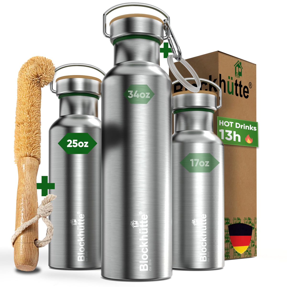 Blockhütte Vacuum Insulated Stainless Steel Water Bottle - 25 oz I Wide Mouth Metal Bottle for hot and cold drinks I BPA-Free I for Travel, School I Kids, Adults, Water Canteen, Sports, flask