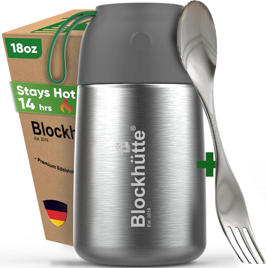 Blockhütte Small Thermo for hot Food Kids - 18 oz | Wide Mouth Food Flask with Spork & Brush | Stainless steel Soup Flask | Insulated Food Jar 14h Hot | Soup Thermo for Adults