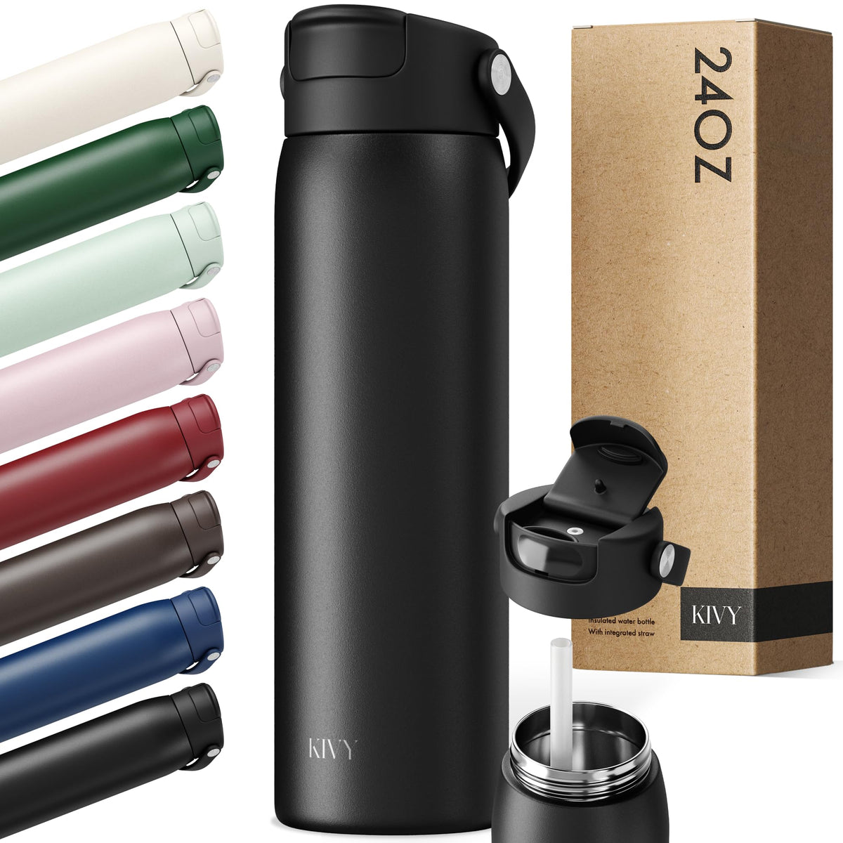 KIVY Stainless Steel Water Bottle With Straw 24oz - 24h Cold | 12h Hot