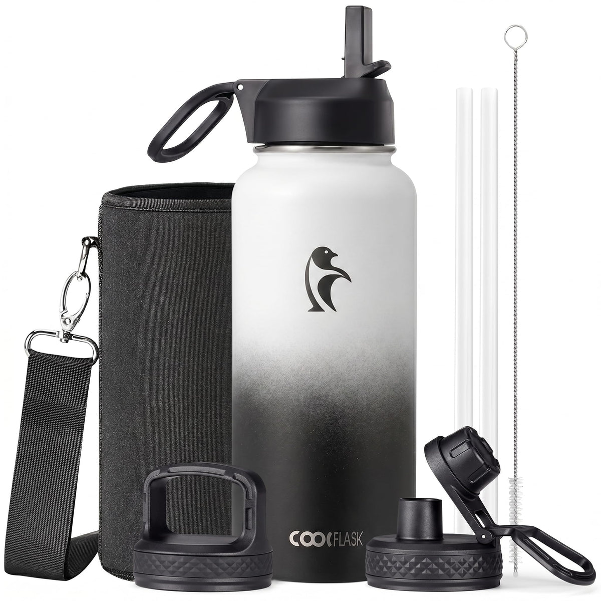 Coolflask 40 oz Water Bottle Insulated with Straw & 3 Leakproof Lids