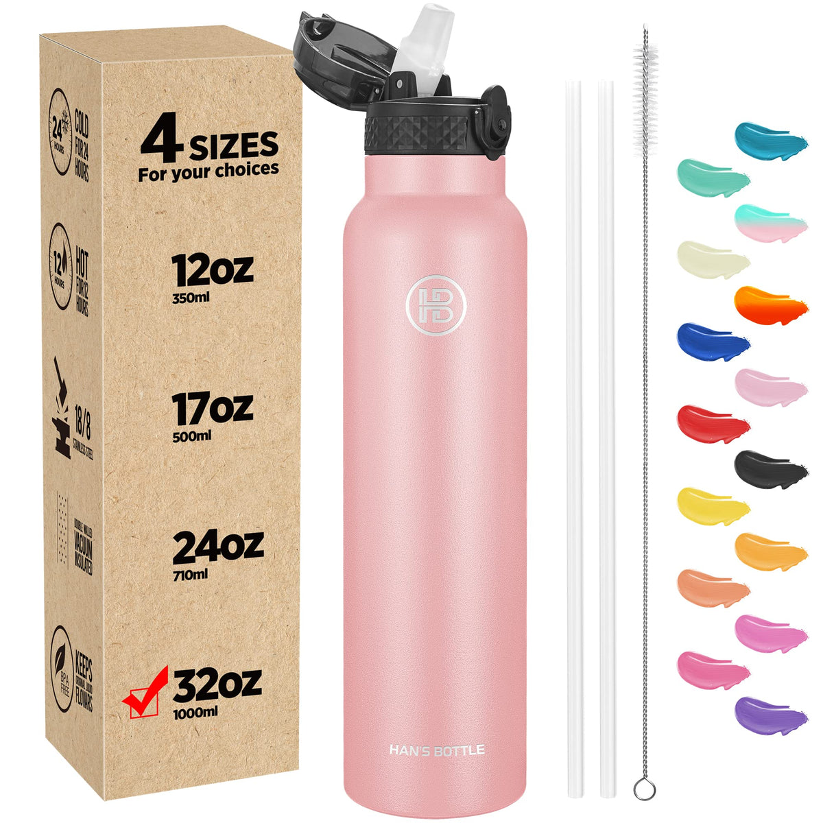 Han's Bottle Sports Water Bottle - 24 Oz, Straw Lid, Leak Proof, Vacuum Insulated Stainless Steel, Double Walled, Thermo Mug,Black