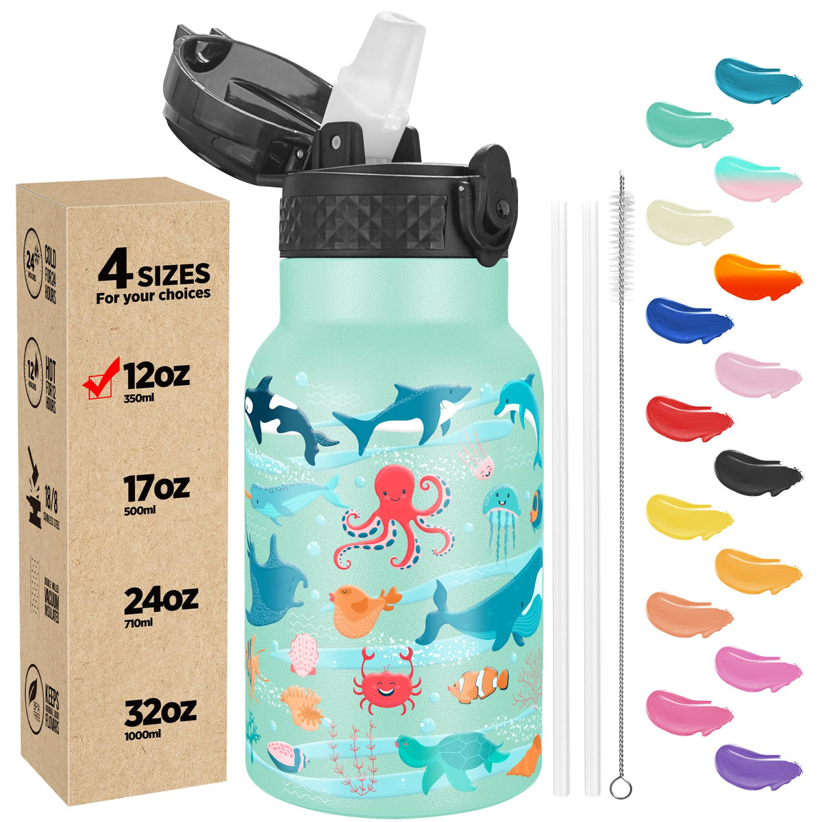 Han's Bottle Sports Water Bottle - 24 Oz, Straw Lid, Leak Proof, Vacuum Insulated Stainless Steel, Double Walled, Thermo Mug,Black