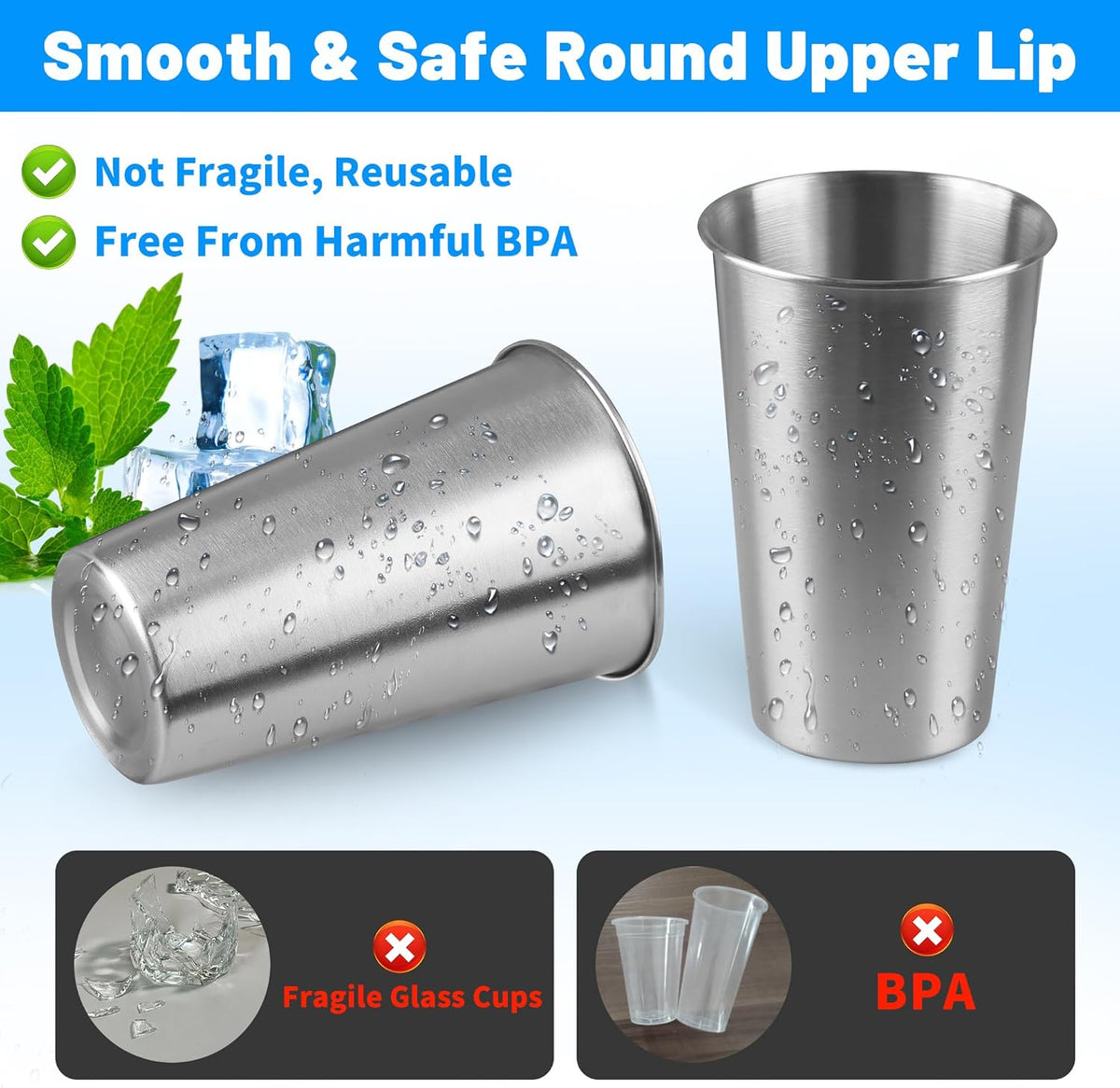 16 oz Stainless Steel Pint Cups, 4Pack Steel Cup,Pint Cup Tumbler，water Tumbler,Stackable,Reusable,BPA Free, (4)