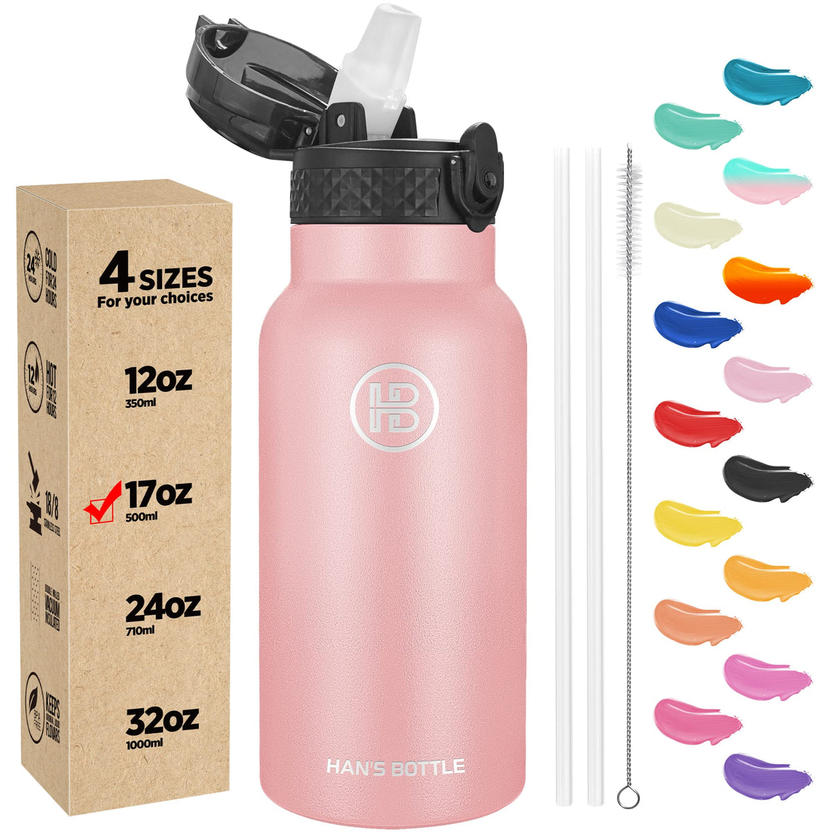 Han's Bottle Sports Water Bottle - 24 Oz, Straw Lid, Leak Proof, Vacuum Insulated Stainless Steel, Double Walled, Thermo Mug,Black