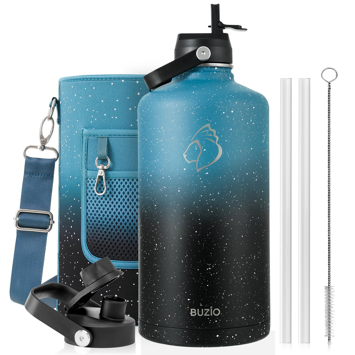 BUZIO 64 oz Insulated Stainless Steel Water Bottle with Dust-proof Lids