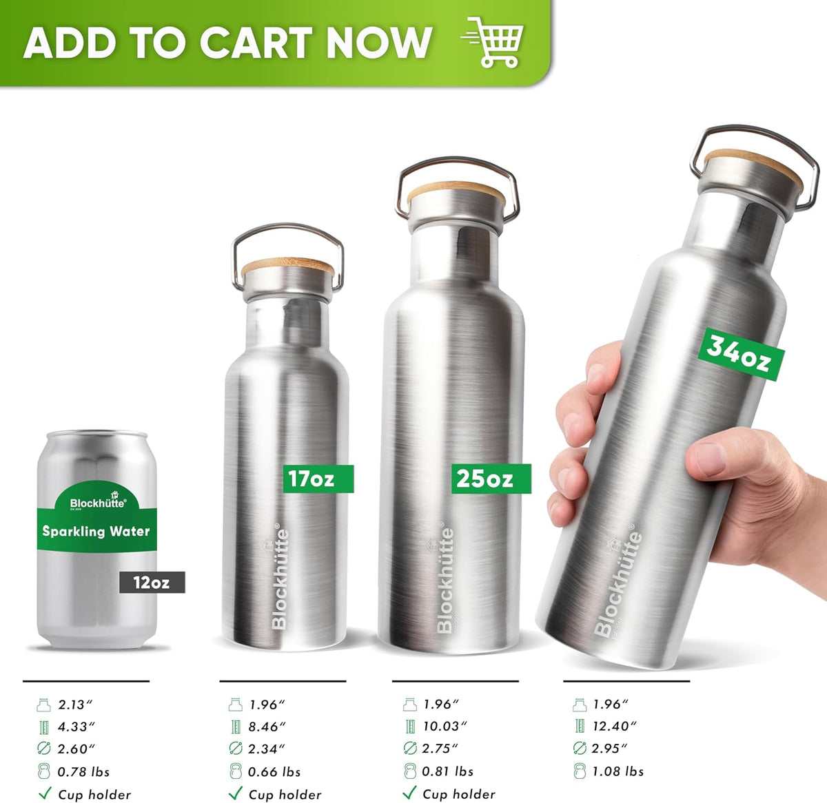 Blockhütte Vacuum Insulated Stainless Steel Water Bottle - 25 oz I Wide Mouth Metal Bottle for hot and cold drinks I BPA-Free I for Travel, School I Kids, Adults, Water Canteen, Sports, flask