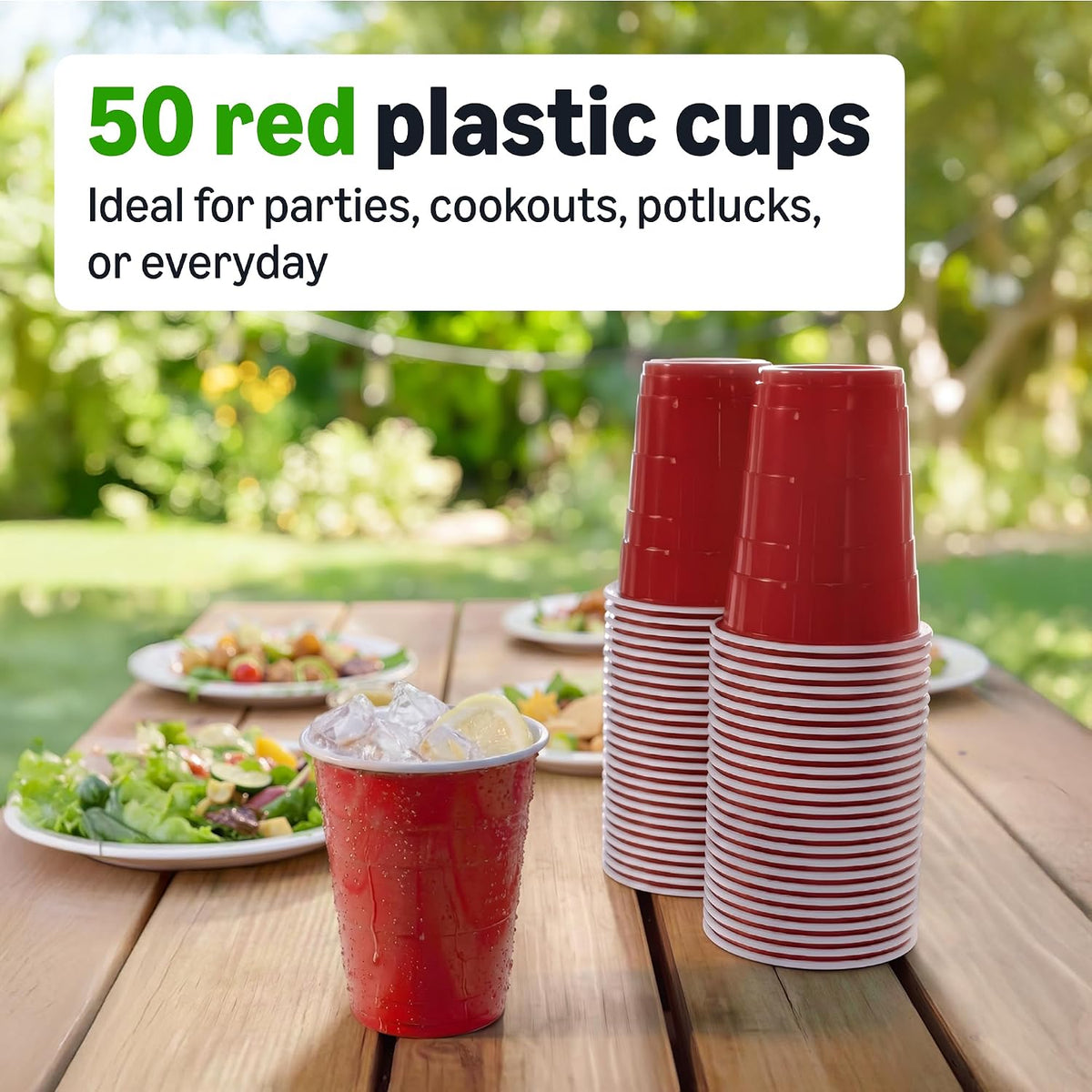 Amazon Basics Disposable Plastic Party Cups, Red, 18oz, 50 Count, Packaging May Vary