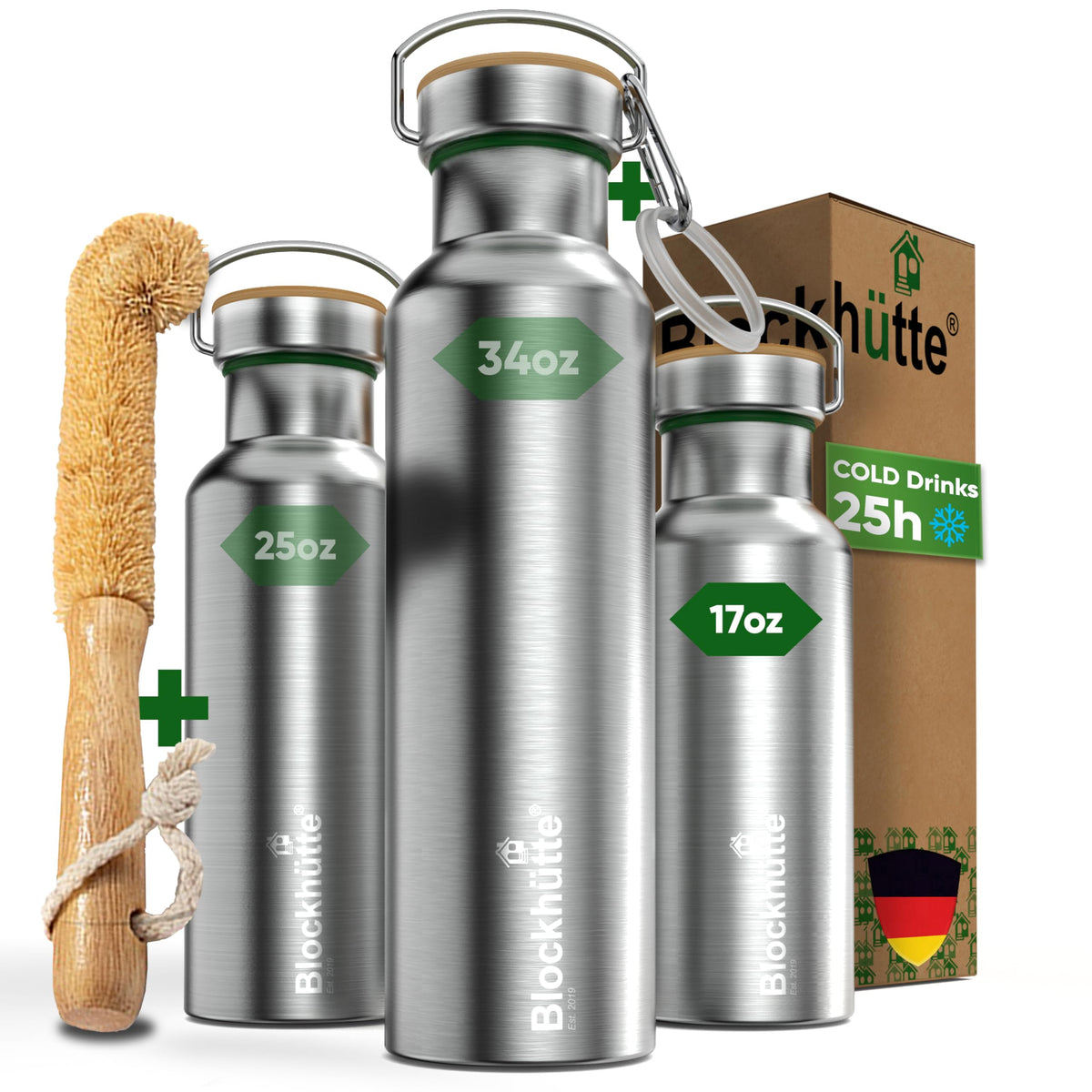 Blockhütte Vacuum Insulated Stainless Steel Water Bottle - 25 oz I Wide Mouth Metal Bottle for hot and cold drinks I BPA-Free I for Travel, School I Kids, Adults, Water Canteen, Sports, flask