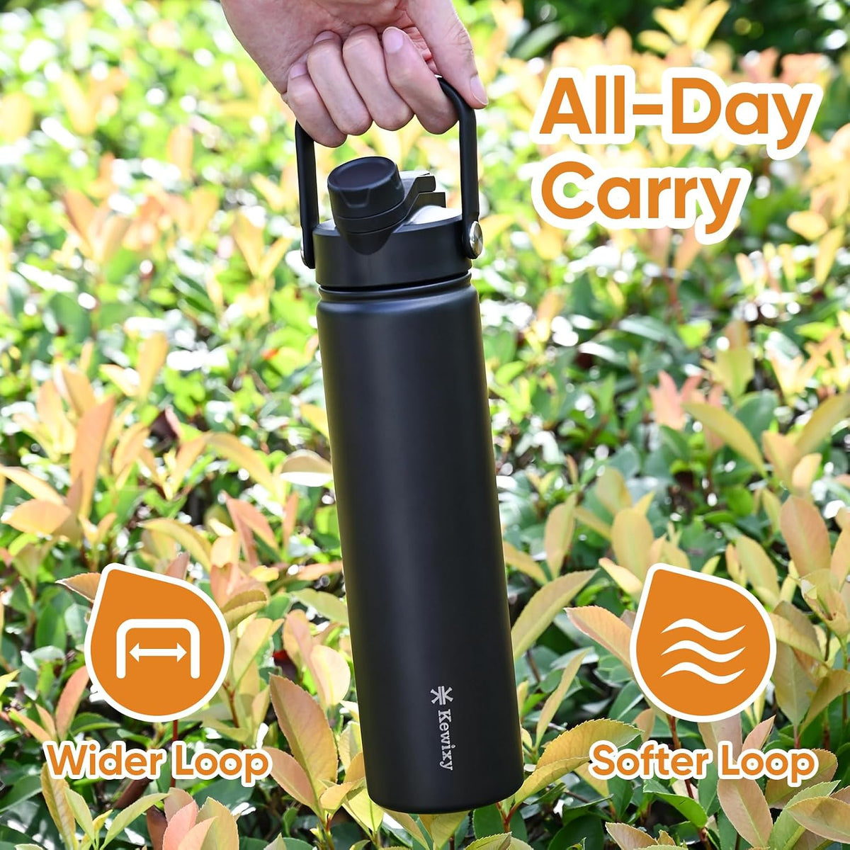 24 oz Insulated Water Bottle, 2-in-1 Lid, Straw & Spout with Protected, Leak Proof, Keep Cold 24H, Cup Holder Fit, Stainless Steel, Metal, Reusable, for Travel, Gym and School, 2 Lids, Midnight Black