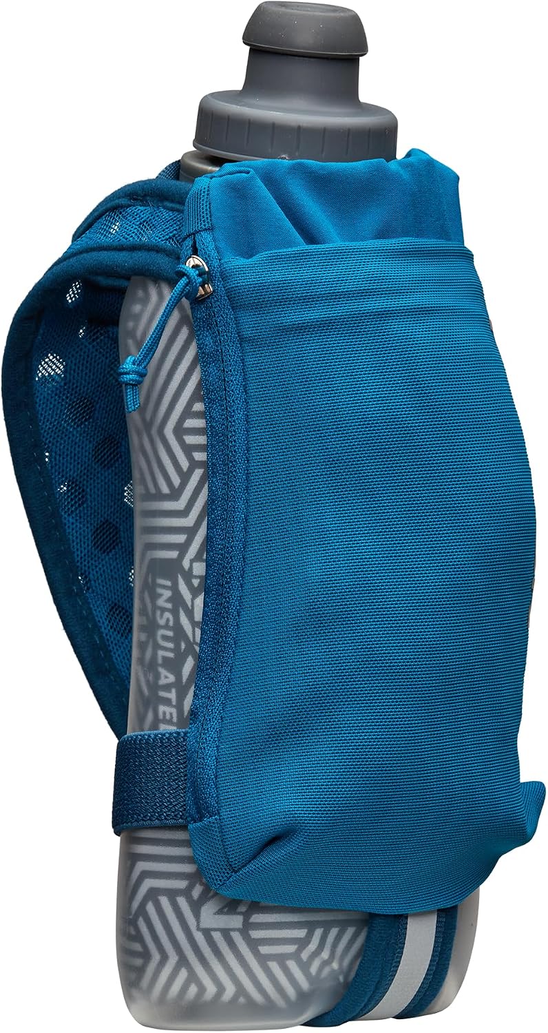 Nathan SpeedDraw 2 Insulated Handheld Running Water Bottle Flask – Double-Wall Insulation, Ergonomic Grip, Blast Valve Cap, Phone & Key Storage Pockets, Reflective Design - 18oz, Deep Blue