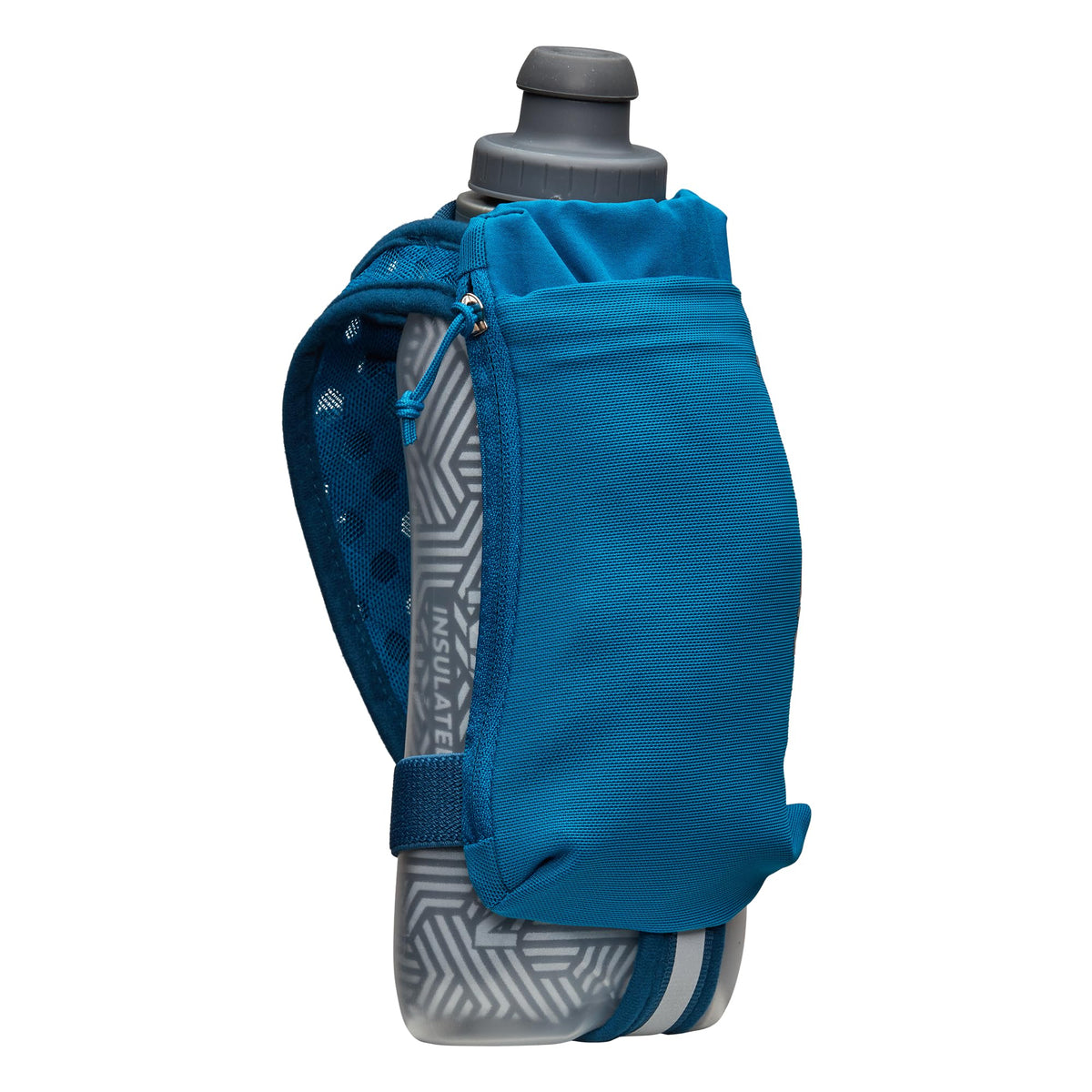 Nathan SpeedDraw 2 Insulated Handheld Running Water Bottle Flask – Double-Wall Insulation, Ergonomic Grip, Blast Valve Cap, Phone & Key Storage Pockets, Reflective Design - 18oz, Deep Blue