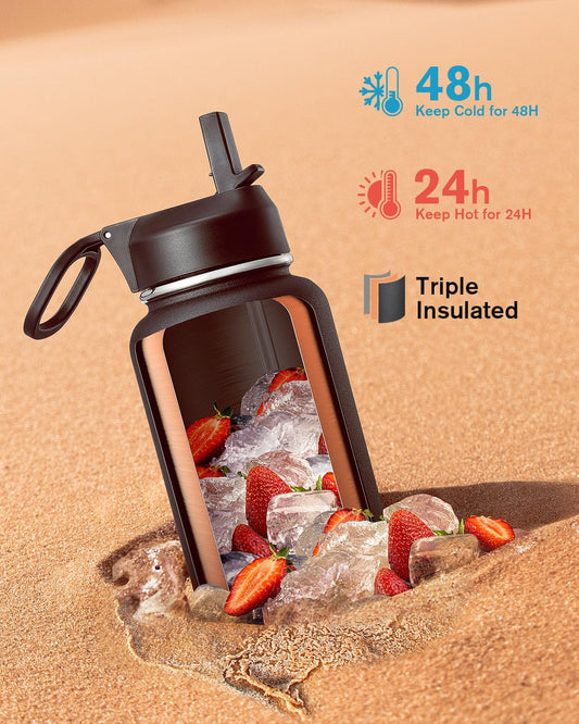 Coolflask 40 oz Water Bottle Insulated with Straw & 3 Leakproof Lids